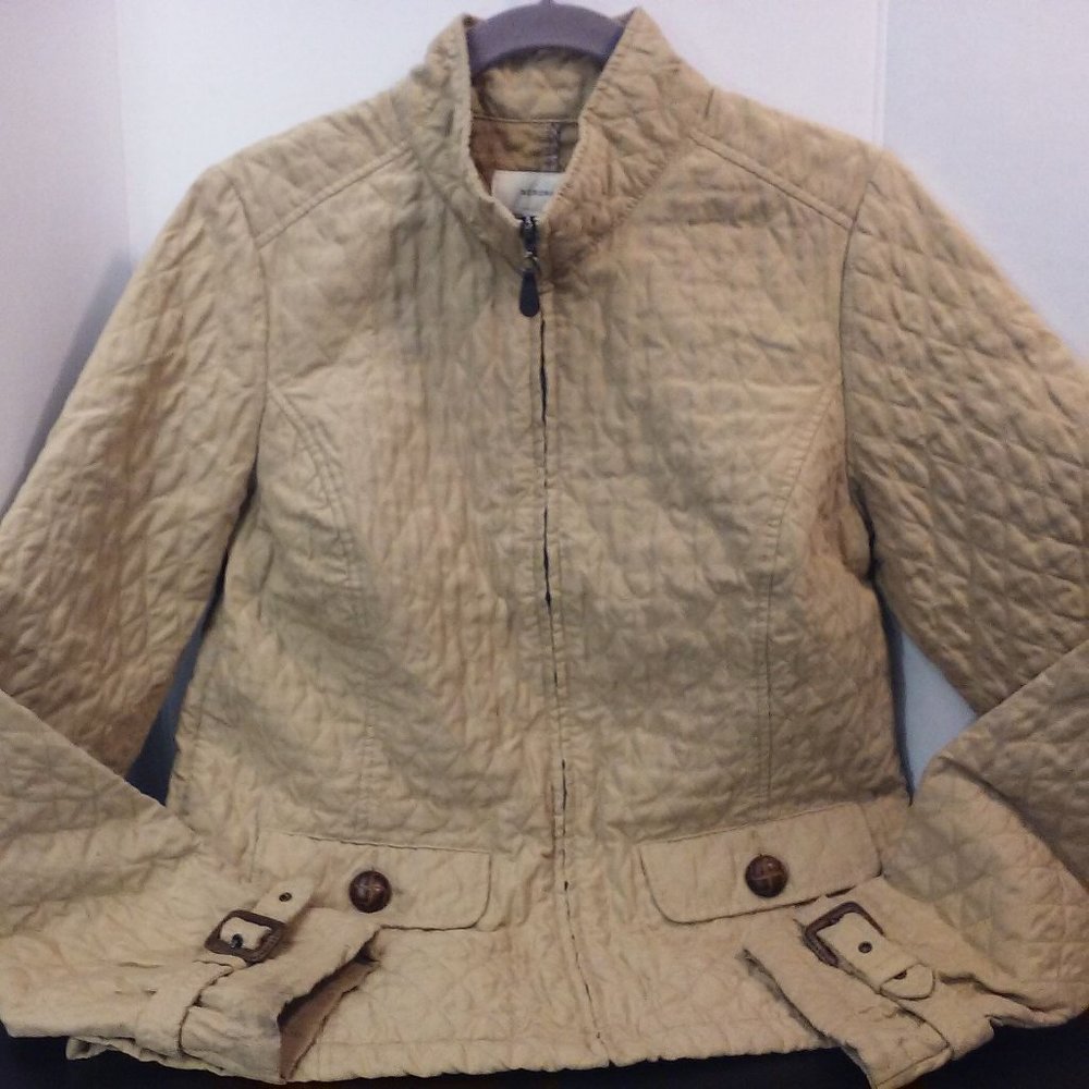 Y2K Merona Diamond Quilted Moto Jacket Women's -M Pockets Full Zip Buckles Tan